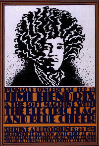 Click here to enter Van Hamersveld Print Lab, Los Angeles. Pinnacle Concerts Presents At Shrine Hall Auditorium, L. A., Calif., 10. 2. 1968, Blue Cheer, The Electric Flag, The Soft Machine, Jimi Hendrix.