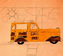 Click here to enter Van Hamersveld Museum of Art. Drawing With Phil Becker, Surf Vehicles - 1952. © John Van Hamersveld.
